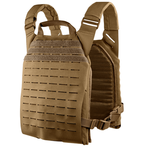 The Condor Elite LCS Vanquish Plate Carrier by Condor features adjustable shoulder straps, MOLLE webbing, mesh side panels, and a front handle—designed for armor protection and ideal for first responders or law enforcement.