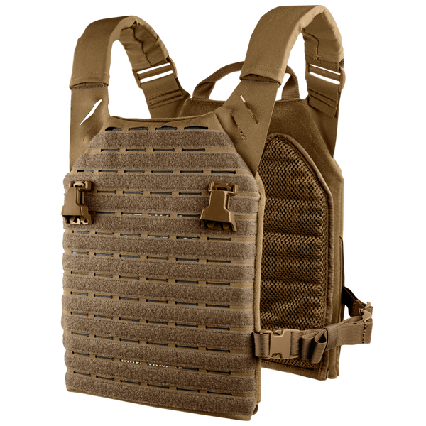 The Condor Elite LCS Vanquish Plate Carrier by Condor features adjustable straps, front and side MOLLE webbing, and quick-release buckles. Shown in tan against a plain background.