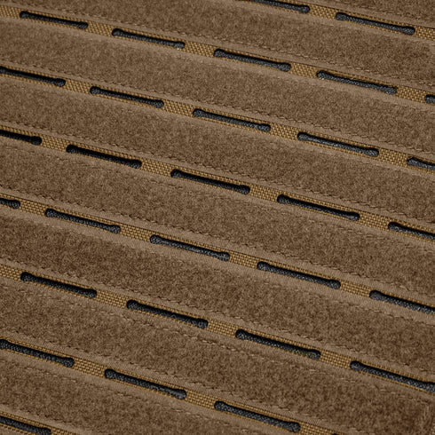 Close-up of the Condor Elite LCS Vanquish Plate Carrier by Condor, featuring brown tactical fabric with evenly spaced horizontal slits and a black mesh layer underneath.