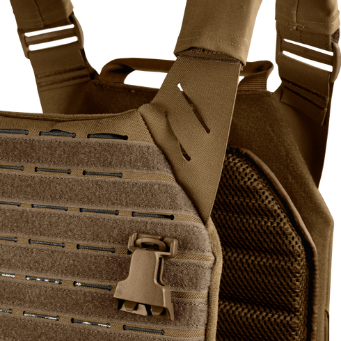 Close-up of the Condor Elite LCS Vanquish Plate Carrier by Condor, showing MOLLE webbing, quick-release buckle, and reinforced stitching in tan—engineered for military and law enforcement professionals.