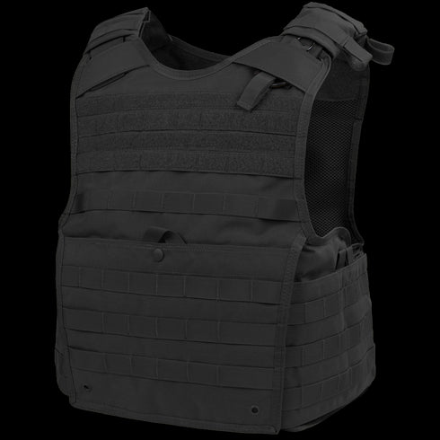 The Condor Enforcer Releasable Plate Carrier is a black tactical vest with adjustable shoulder straps and multiple MOLLE webbing rows, designed for military or first responder EDC needs.