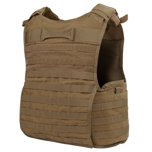 The Condor Enforcer Releasable Plate Carrier, featuring MOLLE webbing, adjustable shoulder straps, a drag handle, and mesh interior panel in tan, is displayed on a plain white background.