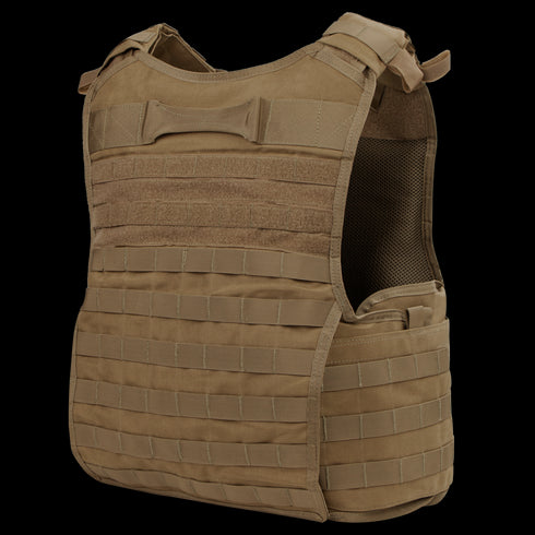 The Condor Enforcer Releasable Plate Carrier is a tan vest with MOLLE webbing, shoulder straps, and a grab handle, designed for military or first responder use to carry gear and protective plates.