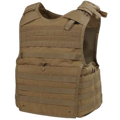 The Condor Enforcer Releasable Plate Carrier in Coyote Brown features MOLLE webbing, adjustable shoulder straps, mesh side panels for ventilation, and a quick-release system for easy removal. On SALE now!.