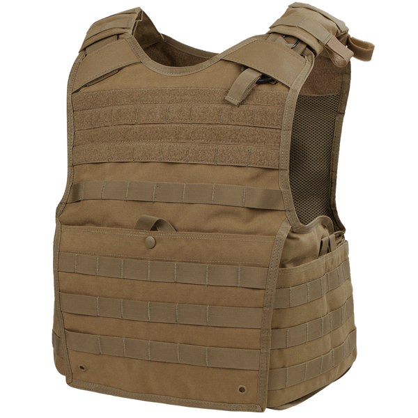 The Condor Enforcer Releasable Plate Carrier in Coyote Brown features MOLLE webbing, adjustable shoulder straps, mesh side panels for ventilation, and a quick-release system for easy removal. On SALE now!.