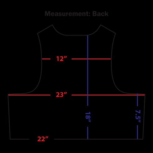 Diagram of the Condor Enforcer Releasable Plate Carrier’s back, essential for first responders EDC gear, shows measurements: 12 upper back, 23 and 22 widths, 18 height, and 7.5 side length—all with labeled lines.