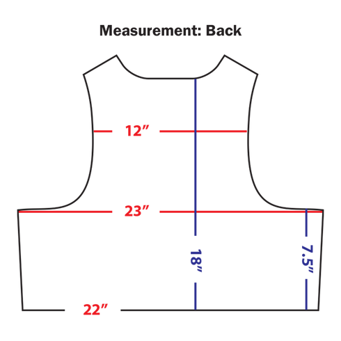 Diagram of the Condor Enforcer Releasable Plate Carrier’s back, essential for first responders EDC gear, shows measurements: 12 upper back, 23 and 22 widths, 18 height, and 7.5 side length—all with labeled lines.