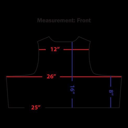 Diagram of the Condor Enforcer Releasable Plate Carrier front pattern with these measurements: shoulder width 12, chest width 26, length 16, side length 8, bottom width 25. Perfect for EDC or shooting range gear design.
