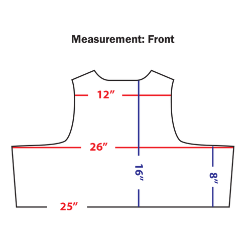 Diagram of the Condor Enforcer Releasable Plate Carrier front pattern with these measurements: shoulder width 12, chest width 26, length 16, side length 8, bottom width 25. Perfect for EDC or shooting range gear design.