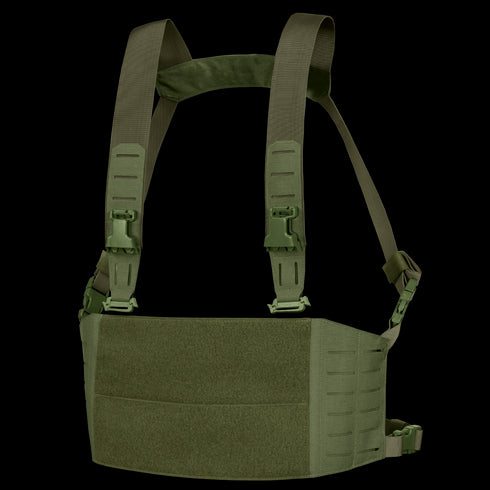 The Condor LCS VAS Harness Kit in Olive Drab features adjustable shoulder and waist straps, front hook-and-loop panel, and MOLLE webbing for tactical customization.