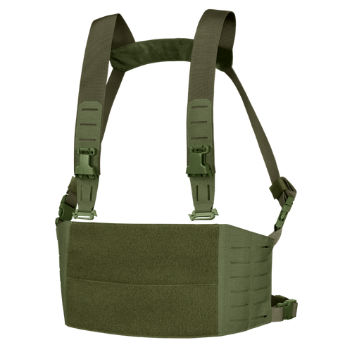 The Condor LCS VAS Harness Kit in Olive Drab features adjustable shoulder and waist straps, front hook-and-loop panel, and MOLLE webbing for tactical customization.
