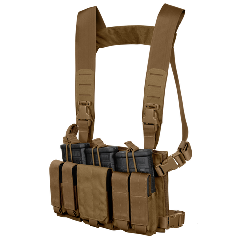 The Condor LCS VAS Harness Kit is a brown tactical chest rig with adjustable shoulder straps, designed for law enforcement or shooting ranges, and holds four rifle magazines in its front pockets.