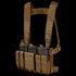 The Condor LCS VAS Harness Kit is a brown tactical chest rig with adjustable shoulder straps, designed for law enforcement or shooting ranges, and holds four rifle magazines in its front pockets.