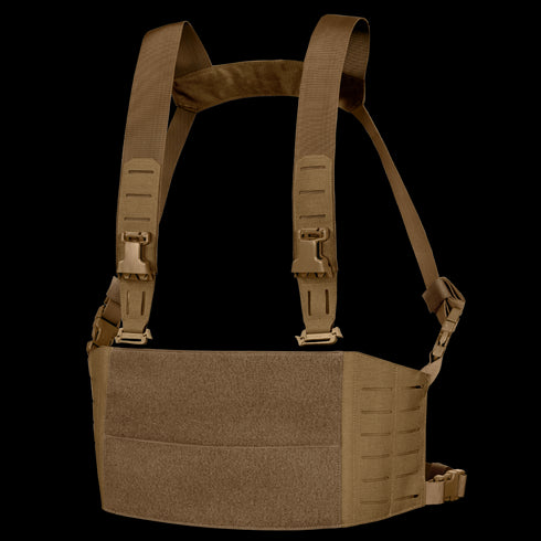 The Condor LCS VAS Harness Kit is a brown tactical chest rig featuring adjustable shoulder straps, MOLLE webbing, and a front hook-and-loop panel, ideal for military or shooting range use, shown on a transparent background.