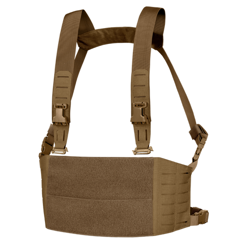 The Condor LCS VAS Harness Kit is a brown tactical chest rig featuring adjustable shoulder straps, MOLLE webbing, and a front hook-and-loop panel, ideal for military or shooting range use, shown on a transparent background.