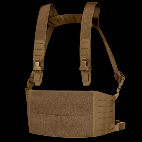 The Condor LCS VAS Harness Kit is a brown tactical chest rig with adjustable shoulder straps, side buckles, MOLLE webbing, and a flat front panel—perfect for law enforcement or EDC use at the range.
