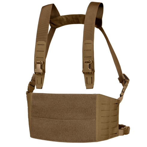 The Condor LCS VAS Harness Kit is a brown tactical chest rig with adjustable shoulder straps, side buckles, MOLLE webbing, and a flat front panel—perfect for law enforcement or EDC use at the range.