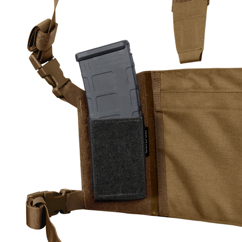 A close-up of the Condor LCS VAS Harness Kit in tan shows a black rifle magazine partially inserted into a Velcro-secured pocket, perfect for first responders or shooting range enthusiasts.