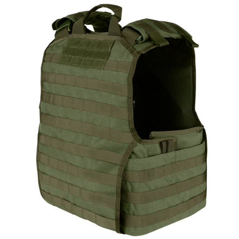 The Condor EXO Plate Carrier Gen II in olive green features MOLLE webbing and adjustable shoulder straps, displayed upright on a plain background.