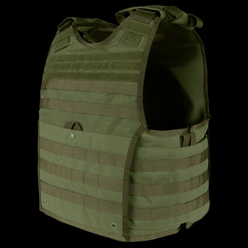 The Condor EXO Plate Carrier Gen II in Olive Drab features MOLLE webbing, adjustable shoulder straps, side openings, and a breathable 3D mesh liner for comfort—ideal for carrying extra gear and providing torso protection.