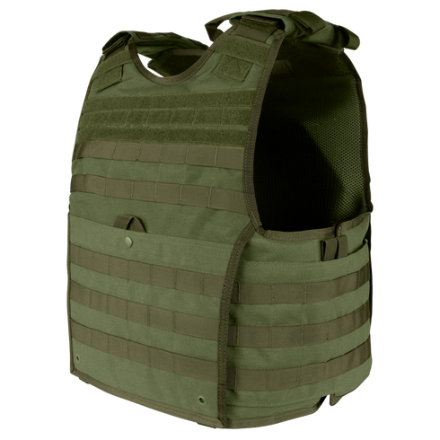 The Condor EXO Plate Carrier Gen II in Olive Drab features MOLLE webbing, adjustable shoulder straps, side openings, and a breathable 3D mesh liner for comfort—ideal for carrying extra gear and providing torso protection.