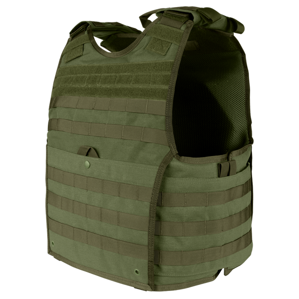 The Condor EXO Plate Carrier Gen II in olive green features MOLLE webbing and adjustable shoulder straps, displayed on a plain white background.