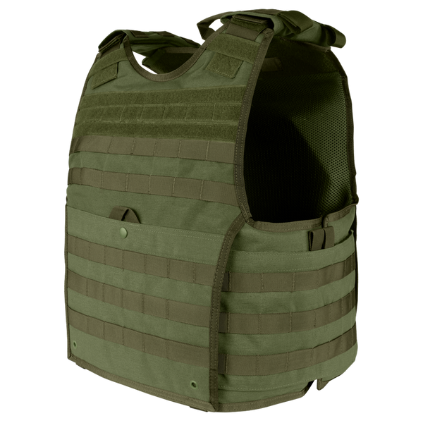 The Condor EXO Plate Carrier Gen II in Olive Drab features MOLLE webbing, adjustable shoulder straps, side openings, and a breathable 3D mesh liner for comfortāideal for carrying extra gear and providing torso protection.