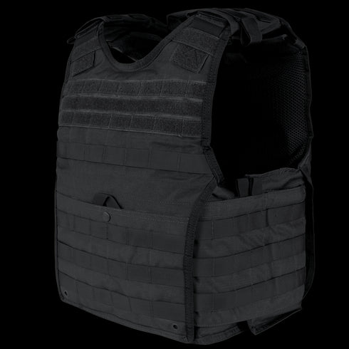 The Condor EXO Plate Carrier Gen II in black features MOLLE webbing, multiple attachment points, adjustable shoulder and side straps for a secure fit, and a 3D mesh liner for comfort—ideal for protective use.
