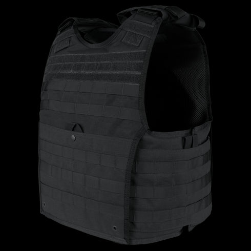 The Condor EXO Plate Carrier Gen II is a black tactical vest with adjustable shoulder straps and multiple MOLLE webbing rows, designed for military use or range protection while carrying essential gear.