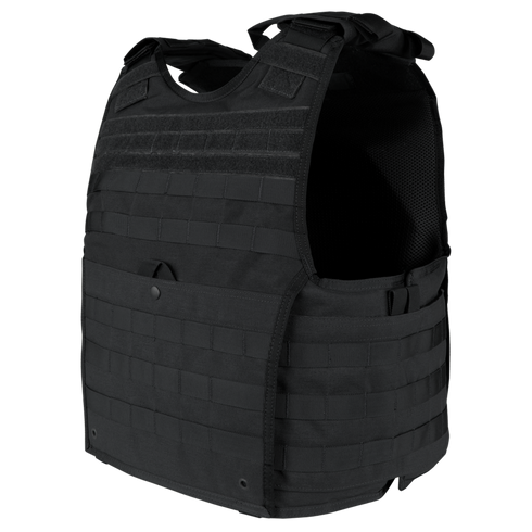 The Condor EXO Plate Carrier Gen II is a black tactical vest with adjustable shoulder straps and multiple MOLLE webbing rows, designed for military use or range protection while carrying essential gear.