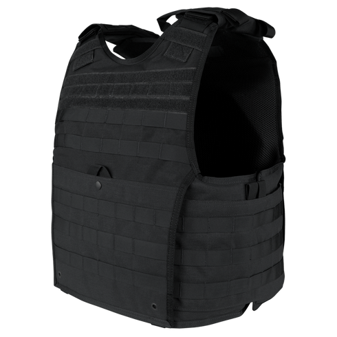 The Condor EXO Plate Carrier Gen II is a black tactical vest with adjustable shoulder straps and multiple MOLLE webbing rows, designed for military use or range protection while carrying essential gear.