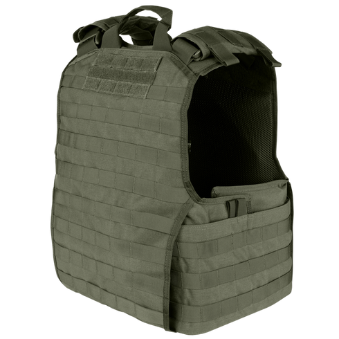 The Condor EXO Plate Carrier Gen II is an olive-green tactical vest featuring multiple horizontal webbing straps and shoulder handles, designed for attaching gear and providing protection—ideal for law enforcement or first responders.