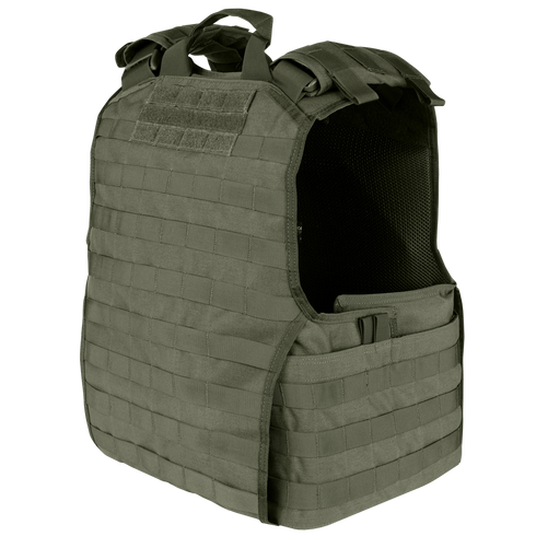 The Condor EXO Plate Carrier Gen II is an olive-green tactical vest featuring multiple horizontal webbing straps and shoulder handles, designed for attaching gear and providing protection—ideal for law enforcement or first responders.