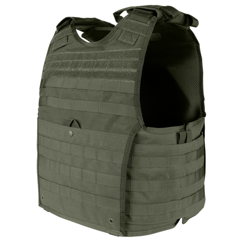 The Condor EXO Plate Carrier Gen II in olive green features multiple rows of MOLLE webbing, making it ideal for military use or as essential EDC gear at the range—designed to enhance your personal protection.