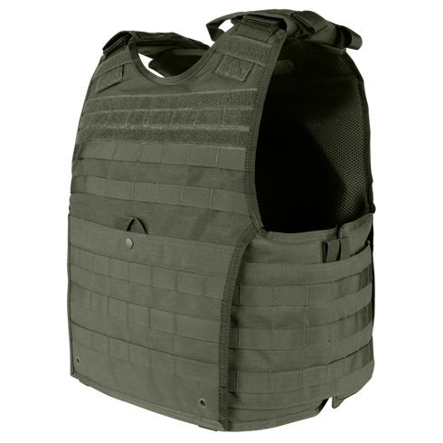 The Condor EXO Plate Carrier Gen II in olive green features multiple rows of MOLLE webbing, making it ideal for military use or as essential EDC gear at the range—designed to enhance your personal protection.
