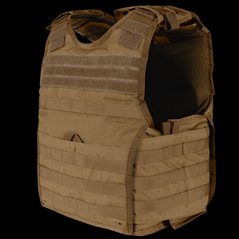 A Condor EXO Plate Carrier Gen II in Coyote Brown with MOLLE webbing, adjustable shoulder straps, and a 3D mesh liner for comfort, displayed standing upright on a white background.