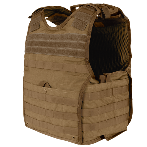 A Condor EXO Plate Carrier Gen II in Coyote Brown with MOLLE webbing, adjustable shoulder straps, and a 3D mesh liner for comfort, displayed standing upright on a white background.