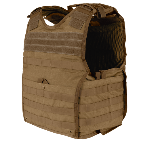 A Condor EXO Plate Carrier Gen II in Coyote Brown with MOLLE webbing, adjustable shoulder straps, and a 3D mesh liner for comfort, displayed standing upright on a white background.