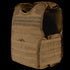A Condor EXO Plate Carrier Gen II in Coyote Brown with MOLLE webbing, adjustable shoulder straps, and a 3D mesh liner for comfort, displayed standing upright on a white background.