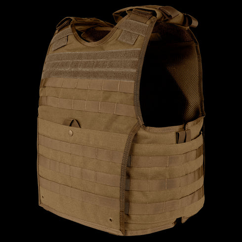 The Condor EXO Plate Carrier Gen II features adjustable straps, multiple MOLLE webbing rows, and a padded interior for military or first responders, shown in brown against a plain background.