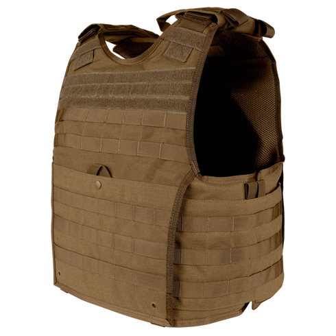 The Condor EXO Plate Carrier Gen II features adjustable straps, multiple MOLLE webbing rows, and a padded interior for military or first responders, shown in brown against a plain background.