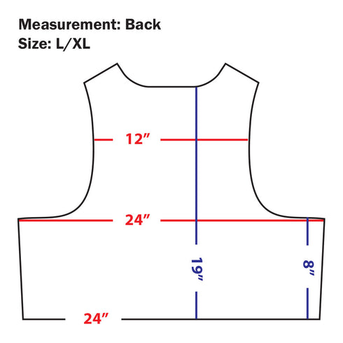 Diagram of the Condor EXO Plate Carrier Gen II (L/XL), ideal for bushcraft or military use, showing 12 shoulder width, 24 across back, 19 height, and 8 armhole drop.