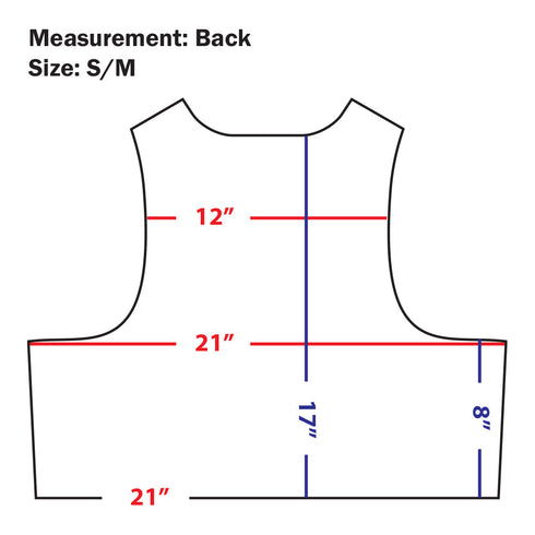 Line drawing of the Condor EXO Plate Carrier Gen II back showing measurements: 12” across shoulders, 21” across chest and bottom, 17” vertical length, and 8” side length. Size S/M.