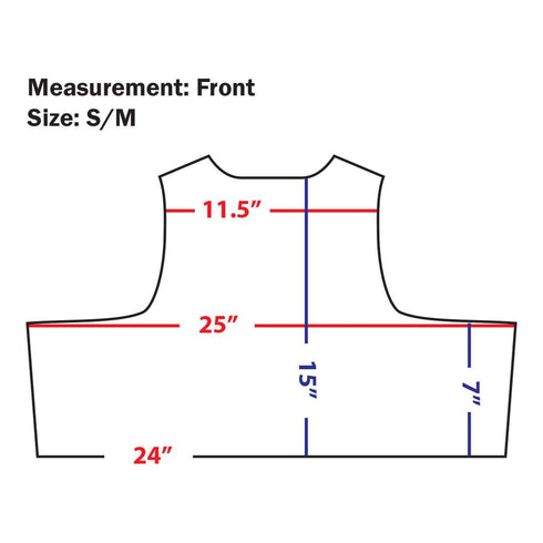 Diagram of the EXO Plate Carrier Gen II front panel by Condor, labeled with measurements: 11.5 across shoulders, 25 chest width, 24 hem width, 15 length, and 7 armhole depth, size S/M—ideal for EDC or bushcraft gear planning.