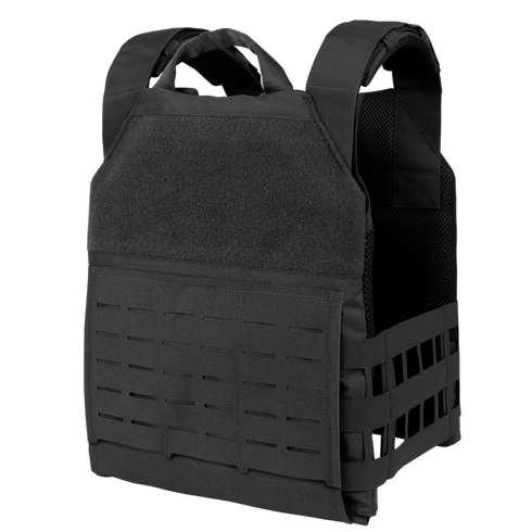 Black tactical plate carrier vest with adjustable shoulder straps and a front panel featuring laser-cut MOLLE webbing, photographed against a plain white background.
