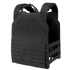 Black tactical plate carrier vest with adjustable shoulder straps and a front panel featuring laser-cut MOLLE webbing, photographed against a plain white background.