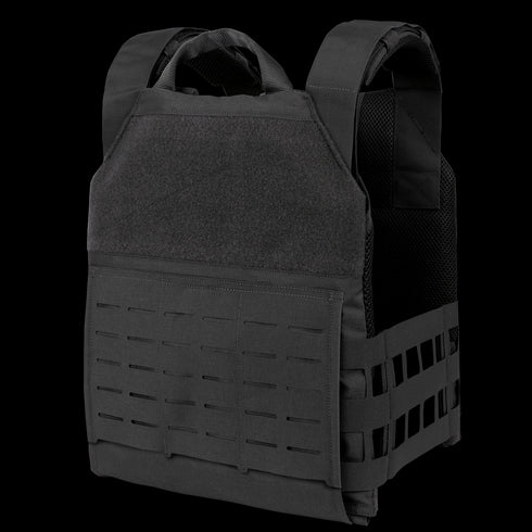 The Condor Phalanx Plate Carrier is a black vest with adjustable shoulder straps and side panels, designed to hold ballistic armor plates securely.
