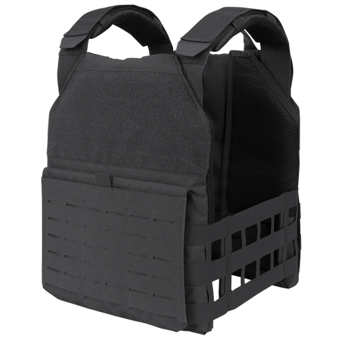 Black tactical plate carrier vest with adjustable shoulder straps and MOLLE webbing, designed for holding ballistic plates and gear attachments.