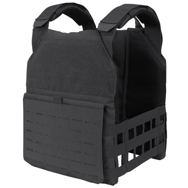 Black tactical plate carrier vest with adjustable shoulder straps and MOLLE webbing, designed for holding ballistic plates and gear attachments.