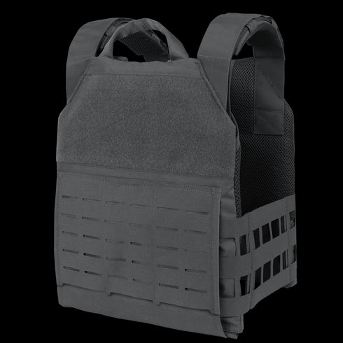 The Condor Phalanx Plate Carrier | SALE is a black tactical vest with adjustable shoulder straps and laser-cut MOLLE webbing on the front and sides, ideal for law enforcement and first responders.